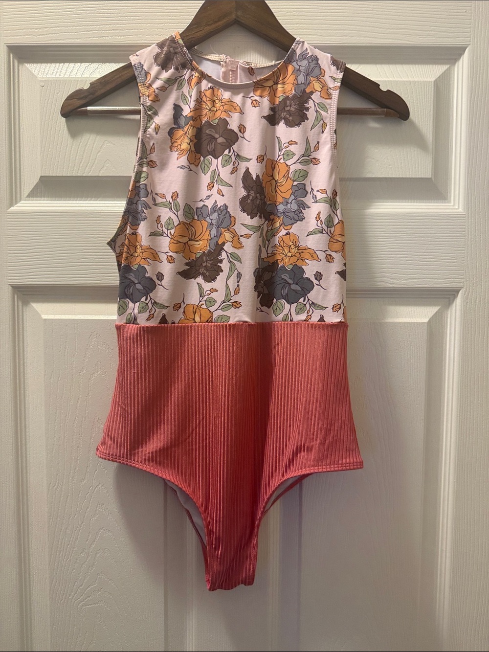 June Swimwear Floral High-Neck One-Piece Swimsuit in Pink and Coral EUC